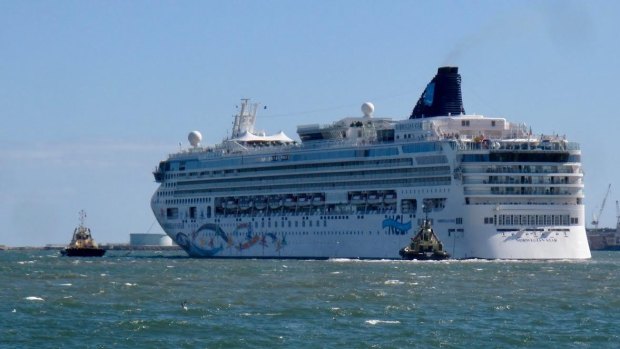 The Norwegian Star being pulled out of Melbourne by two tug boats on Tuesday afternoon.