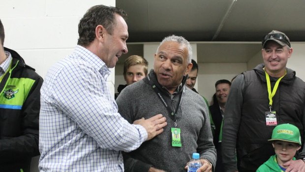 John 'Chicka' Ferguson in the Canberra Raiders' sheds with coach Ricky Stuart.