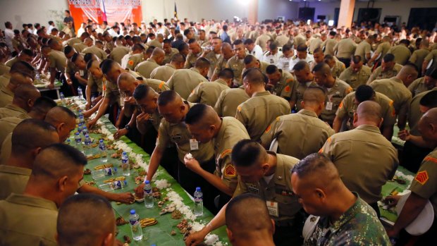 Philippine Marines during Philippine President Rodrigo Duterte's visit to their headquarters in on Tuesday.