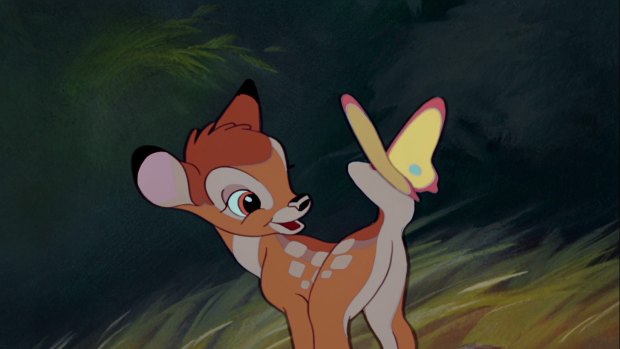 Bambi showing the subtle background drawn by Tyrus Wong.