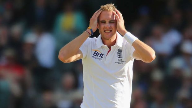 Stuart Broad reacts to  a missed chance.