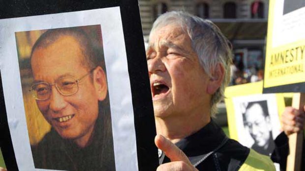 Protesters campaign for Nobel peace prize winner Liu Xiaobo.