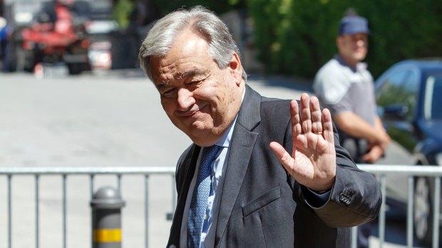 UN Secretary-General Antonio Guterres arrives for a meeting during the Cyprus peace talks in Crans-Montana, Switzerland.