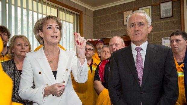 The Prime Minister Malcolm Turnbull and Employment Minister Michaelia Cash at the Coldstream CFA to announce they intend to make changes to the Fair Work Act to protect volunteer firefighters. 
