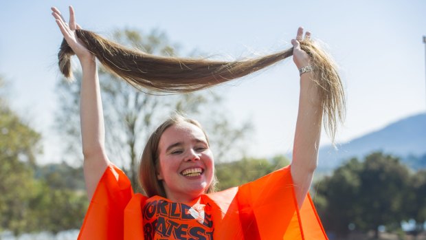 Nicolette Suttor had her 1.4 metre-long hair shaved off for the  Leukaemia Foundation's 2015 World's Greatest Shave at the National Library of Australia.