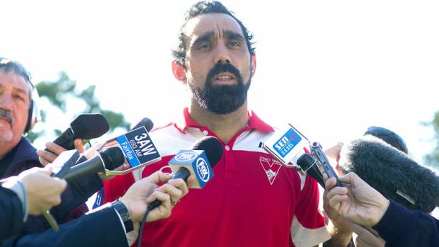 Soldier for inclusion: Adam Goodes in Melbourne on Saturday talks at a news conference called to address the racial slur delivered by a 13-year-old girl.