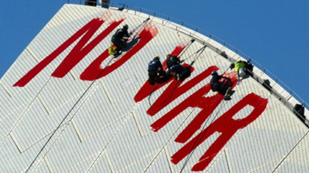 Iconic protest ... activists Dave Burgess and Will Saunders (left) scaled the sails of the Opera House in anti-slip shoes (bottom right). Middle left, Greenpeace protest on Tuesday.