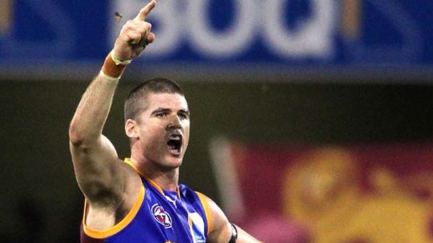 Brisbane Lions skipper Jonathan Brown celebrates after scoring a goal during the round two game against Carlton.