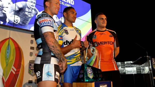 Todd Carney, Willie Tonga and Robbie Farah in their playing strips  for the inaugural Auckland Nines tournament.