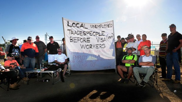 Out of work tradies picket Melbourne Water's Western Treatment Plant site in Werribee.