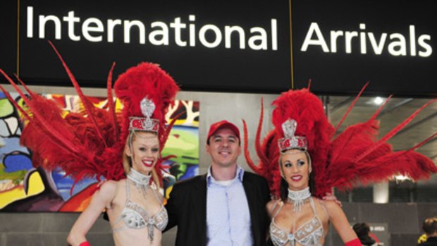 Viva Macau's CEO Dr Reg Macdonald enjoys a touch of glamour at the airline's launch.