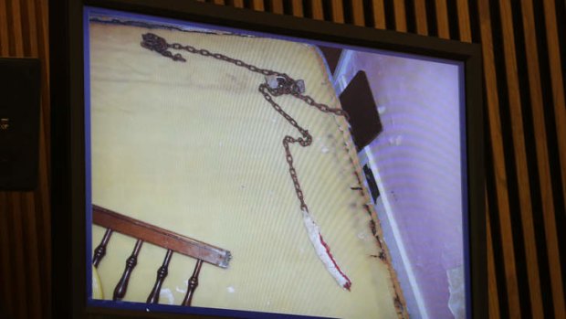 Chains found in a bedroom are shown during Ariel Castro's sentencing hearing.
