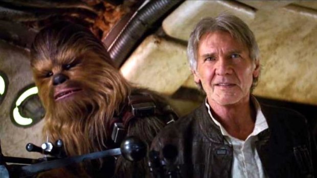 'Chewie, we're home!': Harrison Ford returns as the fast-talking Han Solo with co-pilot and friend, wookie Chewbacca.  
