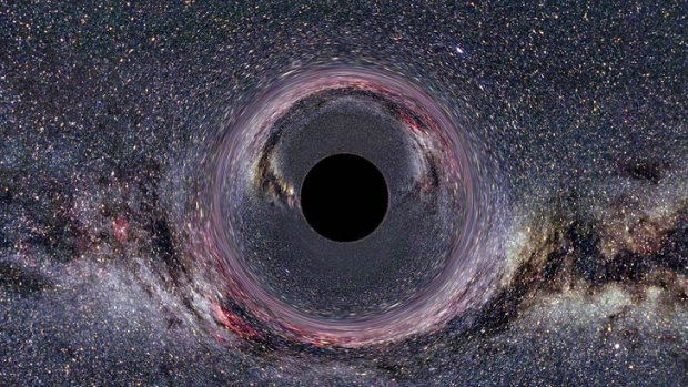 A computer simulation shows what it would look like if you were near a black hole looking towards a galaxy like the Milky Way.