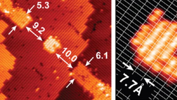 The tiny seven-atom quantum dot created by scientists (left), with a close-up of that dot forming an atomic-scale transistor (right).