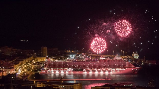 Fireworks celebrate the delivery of the MSC Seaside in Italy.