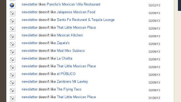 The account, which people allege belongs to Mr O'Driscoll, likes Pancho's but dislikes every other Mexican restaurant.