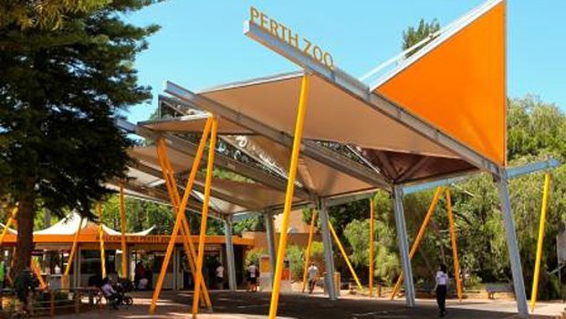 Perth Zoo's new look entryway features new shade structures, Australian-inspired gardens, improved signage and an upgraded ticketing office.