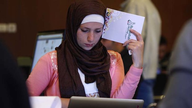 A Palestinian programmer attends a Ramallah Start-up Weekend workshop in the West Bank city of Ramallah.