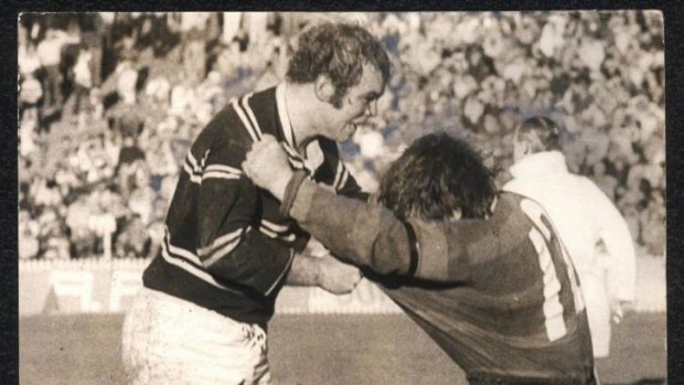 South Sydney hooker George Piggins in a stoush with Manly's English prop Malcolm Reilly.