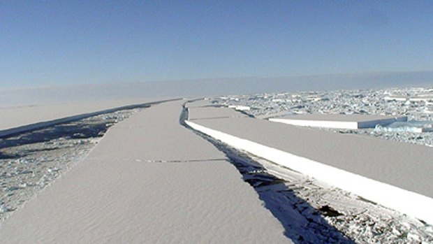 A photo taken in March 2008 showing part of the Wilkins Ice Shelf when it began to break apart.