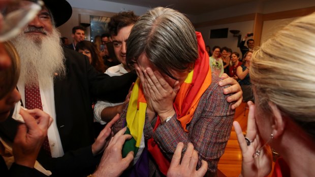 Penny Wong after the same-sex marriage result is announced at Parliament House.