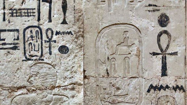 Egyptian hieroglyphics on the entrance of a 4000 year old tomb that was discovered by archaeologists in Abusir on the outskirts of the Egyptian capital, Cairo.