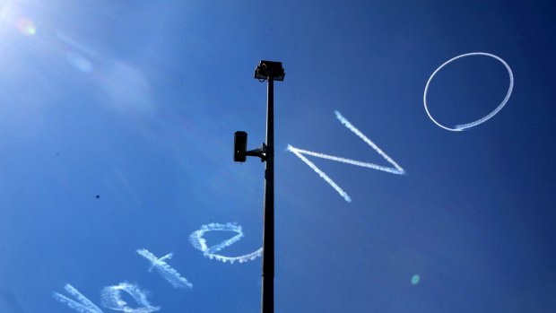 Skywriting above Sydney's CBD during the same-sex marriage campaign. 