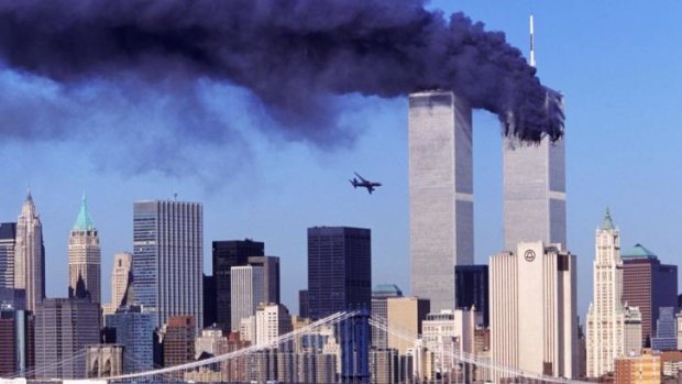 September 11, 2001: A hijacked United Airlines plane heads for the south tower of the World Trade Centre soon after an American Airlines plane had hit the north tower.