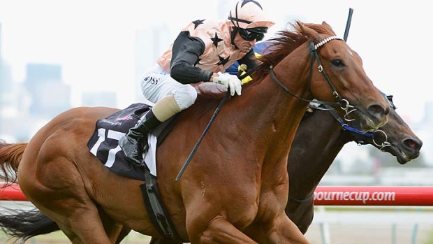 In charge: British General, ridden by Glen Boss, races clear to win at Flemington on Saturday.