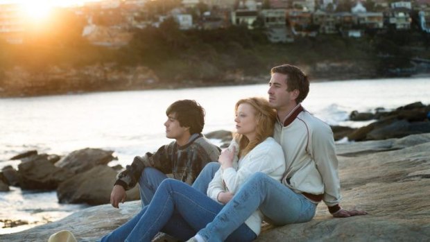 Craig Stott (left), Sarah Snook and Ryan Corr in a scene shot in Clovelly for <i>Holding The Man</i>.