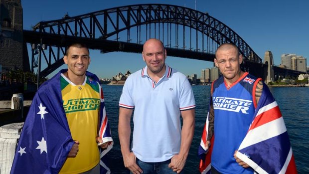 UFC president Dana White (centre) with the coaches of The Ultimate Fighter: The Smashes, Australia's George Sotiropoulos (left) and Team UK's Ross Pearson.