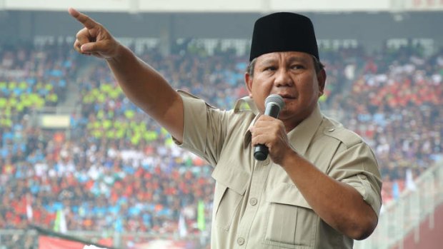 Indonesian presidential candidate Prabowo Subianto addresses a rally of up to 50,000 union members at May Day in the Bung Karno stadium in Jakarta.