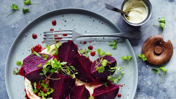 Wine-poached beetroot with mustard cream.