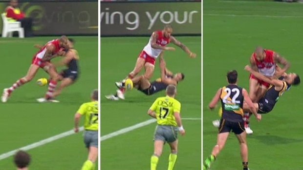 The impact: Lance Franklin was reported for this clash with Shane Edwards.