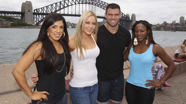 Lucky ... Tim Grant with, from left, lingerie league stars Monique Gaxiola, girlfriend Chloe Butler and Danielle Harvey.