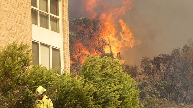 Under threat: Homes close to the fire at Fingal Bay.