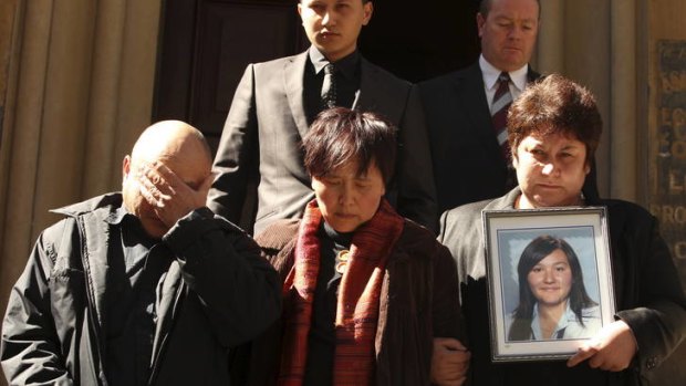 The family of the murder victim Nona Belomesoff outside court (from left): her father Vasily, aunt Angie and mother Nina.