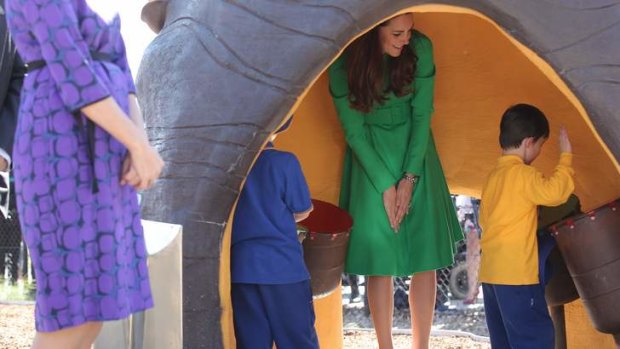 Catherine, Duchess of Cambridge, tours the Pod playground at the National Arboretum in Canberra.