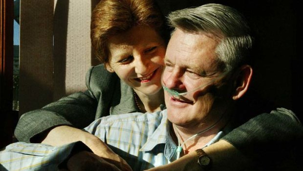 Tireless campaigners ... the late Bernie Banton with his wife, Karen, at their Sydney home in 2004.