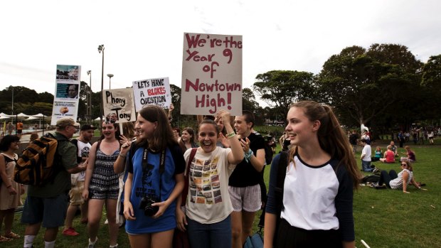 Year 9 Newtown High School Students protest Prime Minister Tony Abbott's governments policies. A video went viral of these students asking Tony Abbott some difficult questions on the lawns of parliament house. 