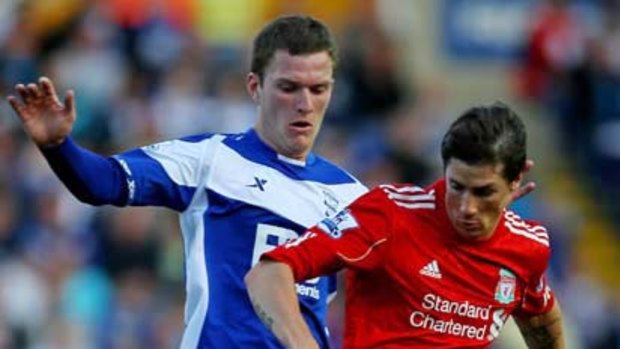 Liverpool's Fernando Torres and Craig Gardner of Birmingham City in a tussle for possession.