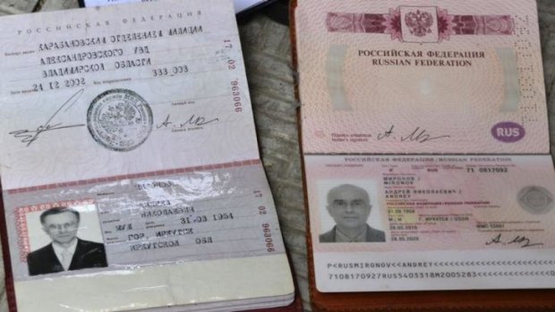 The domestic and foreign passports of Russian Andrei Mironov, killed while translating for the Italian journalist, Andrea Rocchelli, who was also killed near the eastern Ukrainian town of Slavyansk on Saturday. 