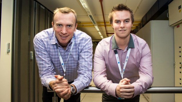 Finn Sheridan, 21, with Macquarie Telecom boss David Tudehope (left).
