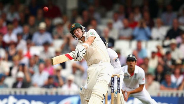 Ton up: Steve Smith launches up a six to bring up his maiden Test century.