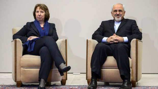 Informal setting: Catherine Ashton and Mohammad Javad Zarif meet in Geneva.