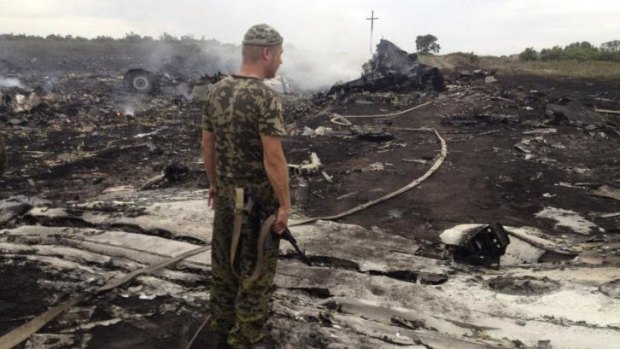 An armed pro-Russian separatist stands at the site of the Malaysia Airlines Boeing 777 plane crash.