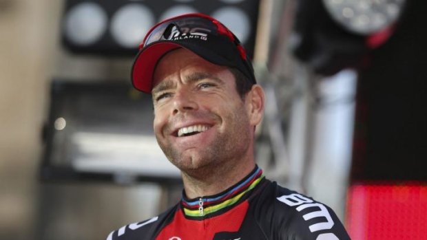 Final months as a professional ... Australia's Cadel Evans of the BMC Racing Team smiles at the Tour Down Under cycling event teams presentation in Adelaide in January.