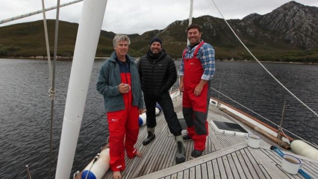 Matthew Evans, left, Nick Haddow, Ross O'Meara during their Tasmanian adventure.