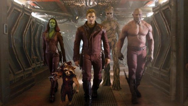 <i>Guardians Of The Galaxy</i> (from left) Zoe Saldana, the character Rocket Racoon, voiced by Bradley Cooper, Chris Pratt, the character Groot, voiced by Vin Diesel and Dave Bautista.